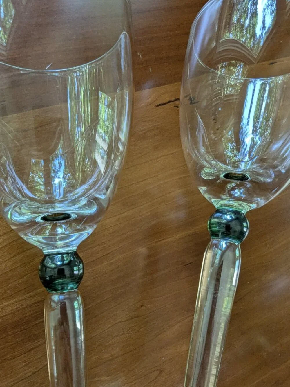 Vintage Pottery Barn Goblets Glasses Iridescent Amber Stem Green Bubble Set of 4